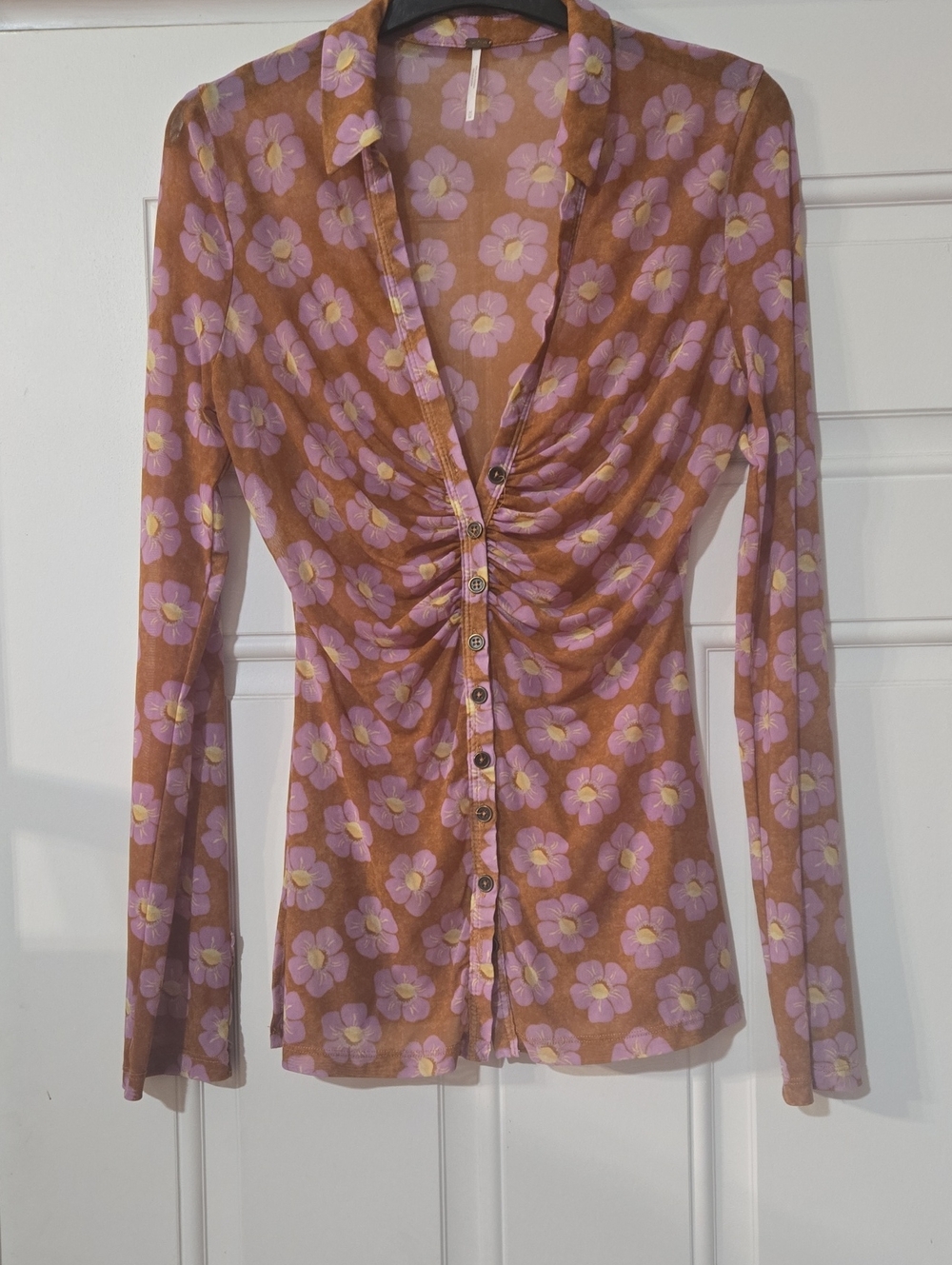 Free People Brown Button-Front Floral Ruched Top with Pink Flowers